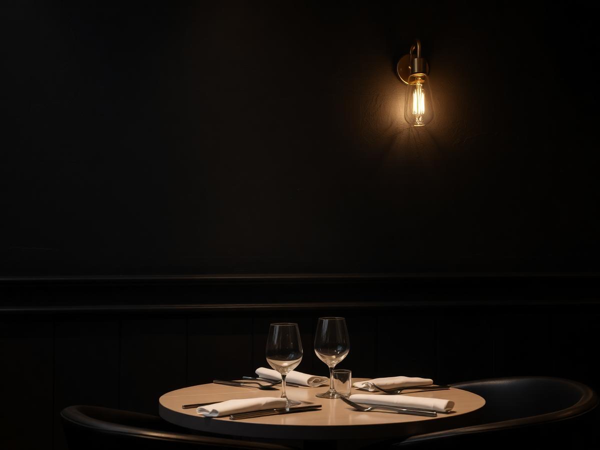 Candlelit restaurant table set for two against a dark textured wall